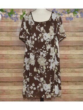Dress Barn Brown Floral Pleated Chiffon Dress Plus 24W Short Sleeve Cottage Core